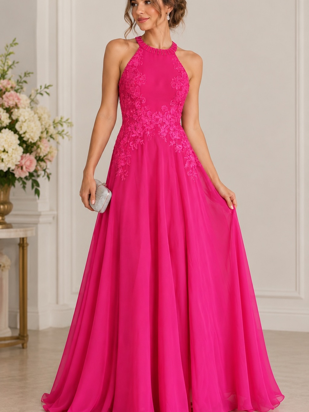 Elegant Halter Lace Bodice Fuchsia Evening Gown